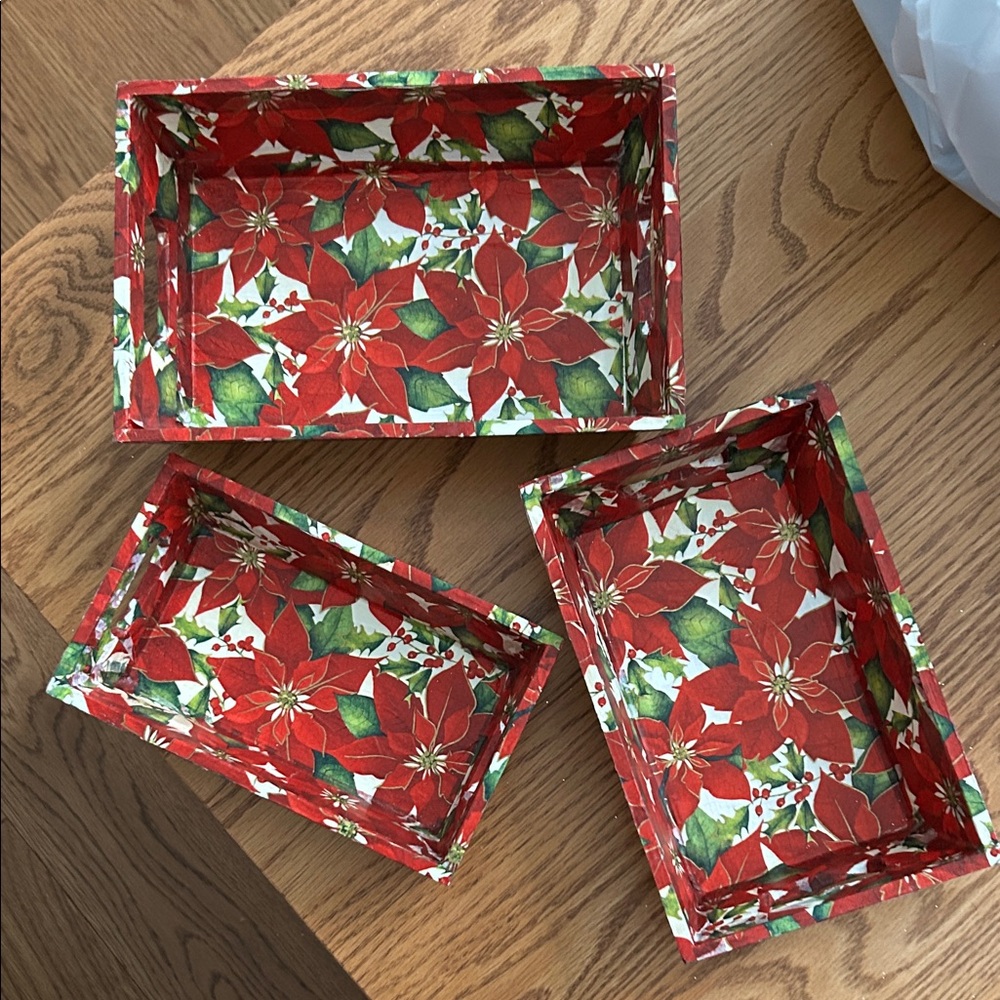 Festive Poinsettia Wood Trays baskets